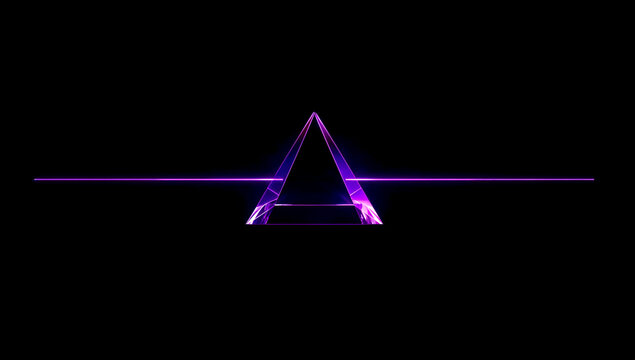 Retro futurism neon purple triangle with glowing laser line on black background in synthwave style