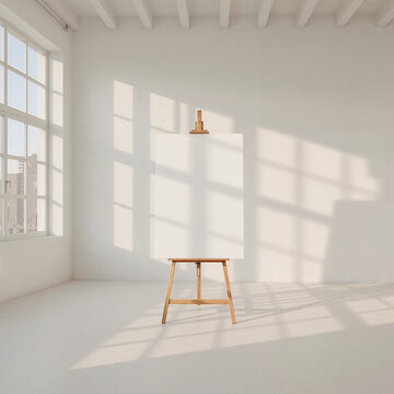 Wooden easel with blank white canvas in bright sunlit artist studio with window shadows
