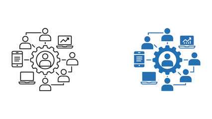 Digital business workflow and team connectivity illustration with central gear and connected devices for professional project management in modern corporate vector graphic style isolated © AHMED