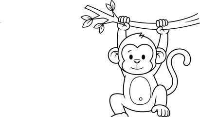 Fototapeta premium Charming cartoon monkey hanging from a branch with leaves