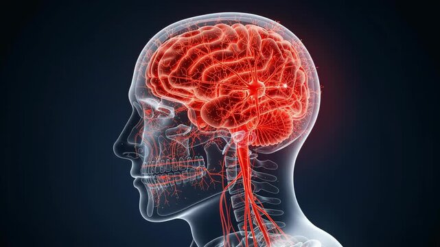 Detailed medical illustration of human brain and nervous system with transparent skull side view