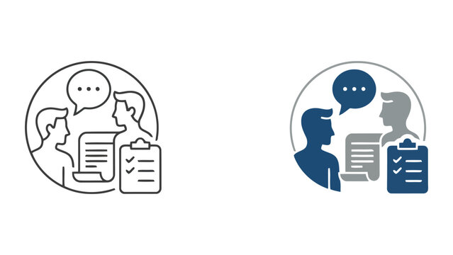 Professional meeting icons featuring people discussing documents and checklists in circular frames shown in outline and blue filled vector styles for corporate communication or project management