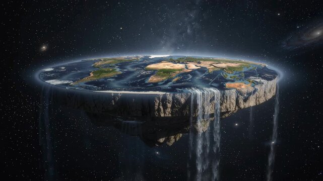 Surreal flat earth concept with continents and waterfalls in outer space under starry sky
