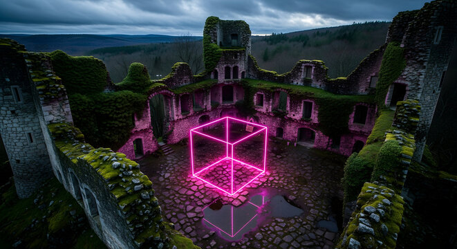 Mysterious neon cube materializes within ancient moss-covered castle ruins at twilight, casting vibrant pink glow on weathered stone courtyard and reflecting in puddles