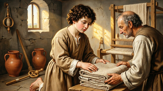 Exquisite oil painting shows Jesus youth obedience in Nazareth with sacred grace.