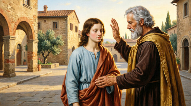 Exquisite oil painting shows Jesus youth obedience in Nazareth with sacred grace.