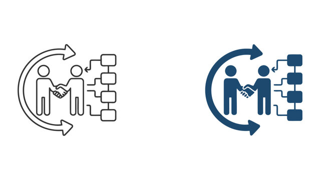 Corporate partnership workflow icon set featuring handshake gesture with organizational hierarchy chart for business process management and structured networking concepts in clean flat vector style
