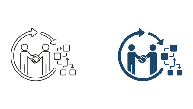 Business relationship cycle and project management icon set featuring handshake gesture with circular arrows and process steps for continuous improvement concepts in clean flat vector graphic style