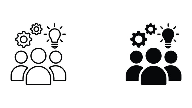 Creative problem solving vector icons showing team brainstorming and lightbulb ideas with mechanical gears representing innovation and technical strategy in modern professional flat design style