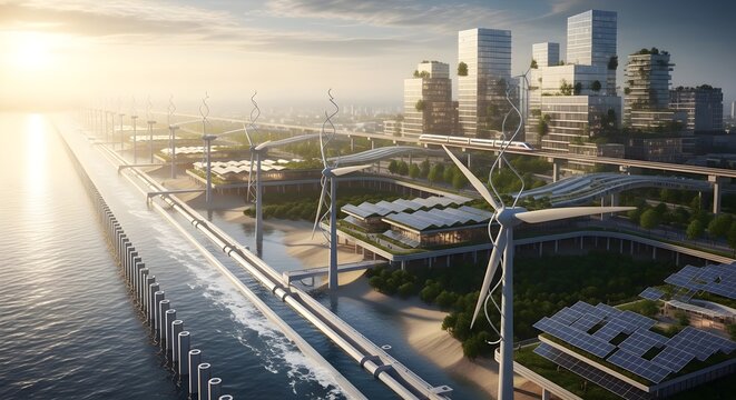 Futuristic sustainable city with wind turbines and solar panels, eco-friendly urban landscape at sunset, green smart city infrastructure by the sea