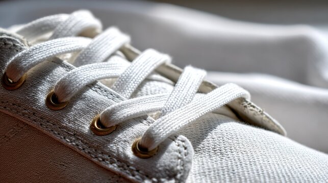 aglet. Close-up of white sneaker lace with metallic aglet on fabric. lifestyle magazines, social media lookbooks, designed for influencer and brand collaborations, inspires lifestyle.