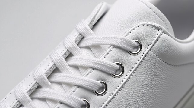 aglet. Close-up of white sneaker lace with metallic aglet on fabric. lifestyle magazines, social media lookbooks, designed for influencer and brand collaborations, inspires lifestyle.