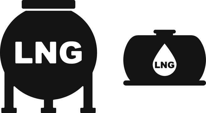 Flat vector illustration design of industrial liquefied natural gas storage tanks featuring simple black and white graphical signage for energy storage.