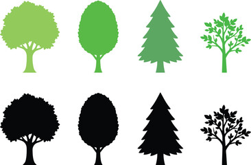 Diverse set of green and black tree silhouettes presented as a collection of minimalist vector graphic design elements for natural projects © LoveU