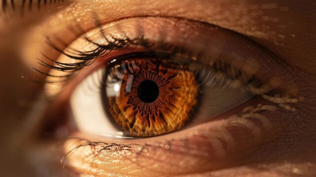 Close up of a detailed human brown eye with long eyelashes and natural skin texture