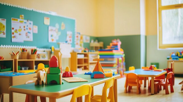 daycare. An empty daycare classroom filled with vibrant educational tools, ready for young minds to explore. lifestyle magazines.