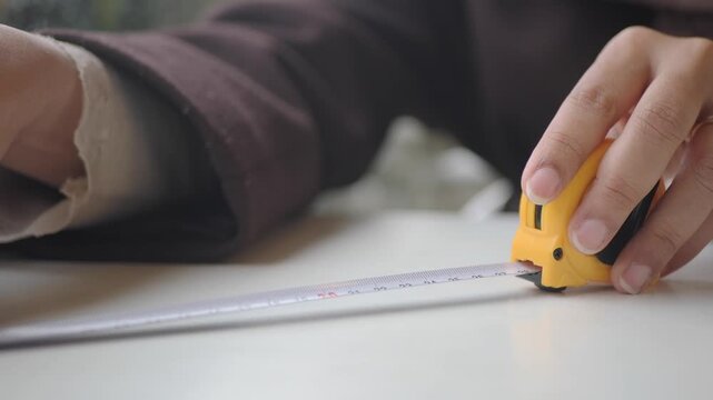 Measuring length with a yellow tape measure in a room