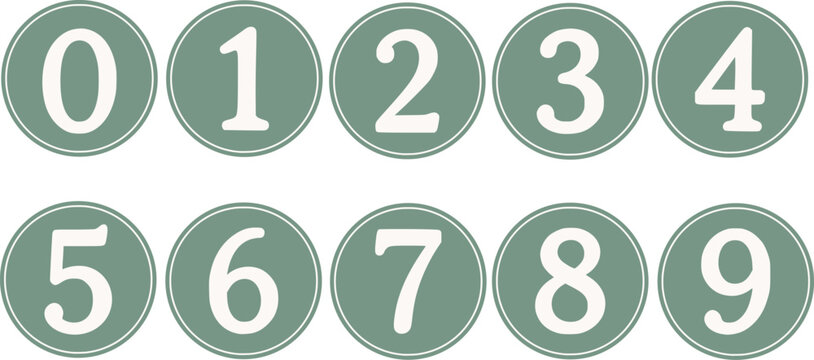 Minimal round number icon set featuring digits 0 to 9 in a clean green gradient style. Perfect for UI design, mobile apps, infographics, step indicators, and educational content. Isolated on a black b
