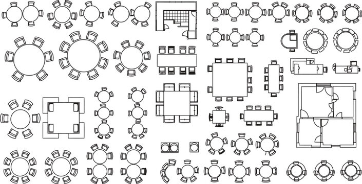 Collection of various seating arrangements and table settings for event planning and wedding receptions in different shapes and layouts