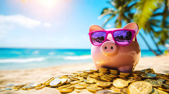 A penny in sunglasses standing on a stack of gold coins on a tropical beach &ndash; savings, finances, vacation spending concept