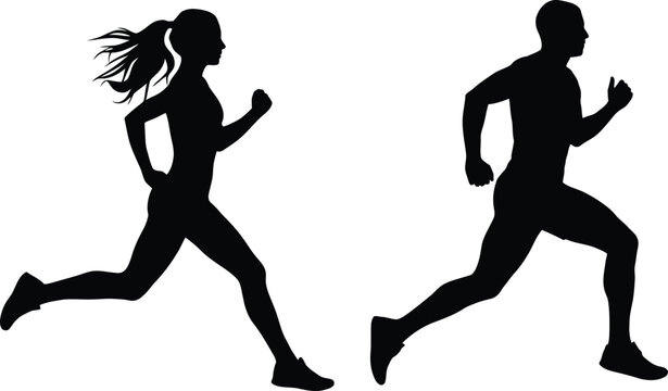 Minimalist vector illustration featuring dynamic silhouettes of a running man and woman moving forward to represent speed and athletic health