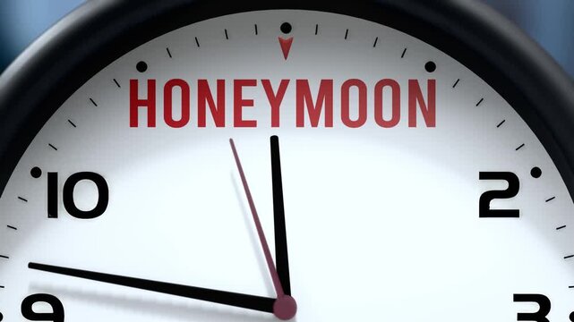 Honeymoon that is going to happen soon. Upcoming honeymoon, approaching in the near future. Honeymoon almost here, in a short time - a clock symbolizes a reminder that honeymoon is near.