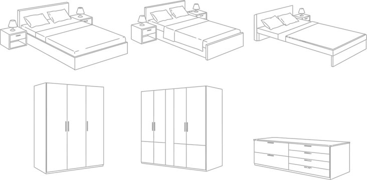 Line drawings of various bedroom furniture sets including beds and wardrobes with dressers