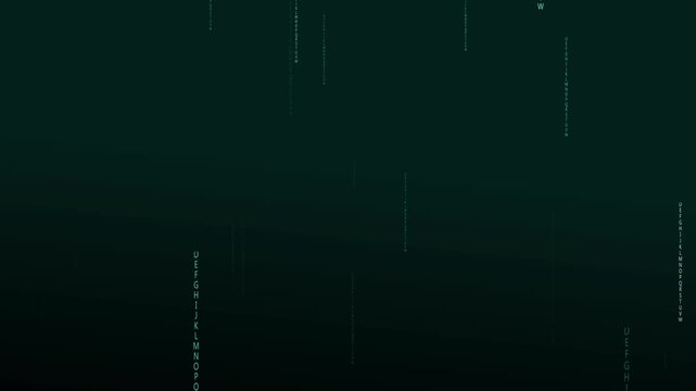 Digital alphabet animation with green matrix. Digital alphabet abstract data stream. Digital alphabet technology background on black.