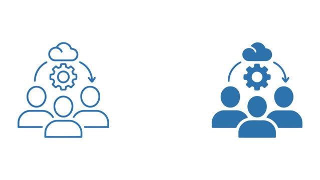 Cloud computing collaboration icon set depicting team members working with centralized gear and network technology for digital infrastructure management and cloud based business operations in vector