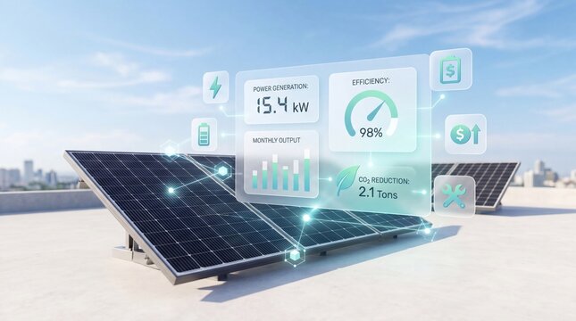 Smart solar panel system with digital interface showing power generation, efficiency data, and monthly output statistics on rooftop