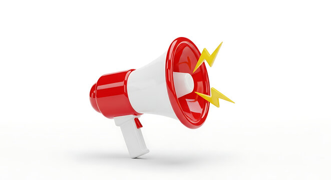 A vibrant red and white megaphone with dynamic sound waves emanating from its horn