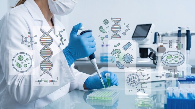 Scientist in laboratory working with DNA samples using pipette, molecular biology research concept with genetic code illustrations