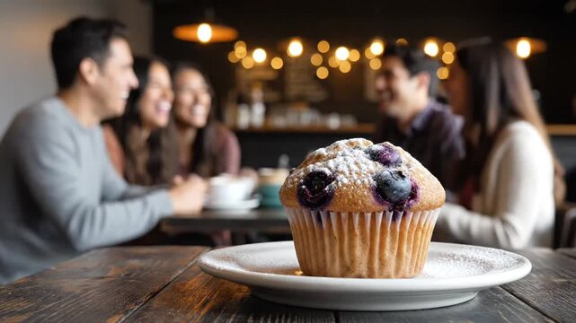 Group of Friends Enjoying Coffee Chat with a Delicious Blueberry Muffin on a Cozy Evening in a Warm Caf&eacute; Setting
