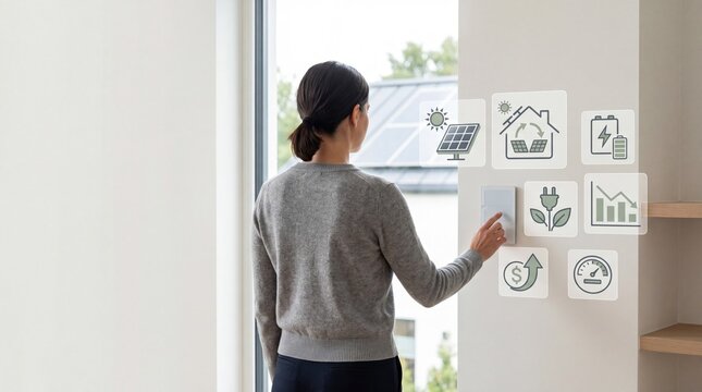 Woman using smart home control panel to manage solar energy system, monitoring battery storage and electricity consumption icons