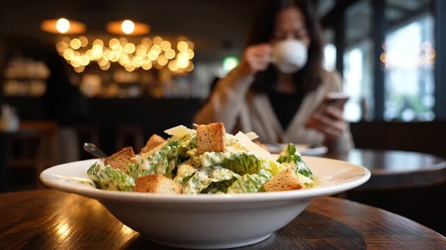 Delicious Caesar Salad with Toasted Croutons and Fresh Lettuce in Cozy Cafe Setting