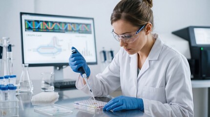 Fototapeta premium Female scientist working in laboratory with pipette and dna analysis on computer screen, genetic research and biotechnology science concept.