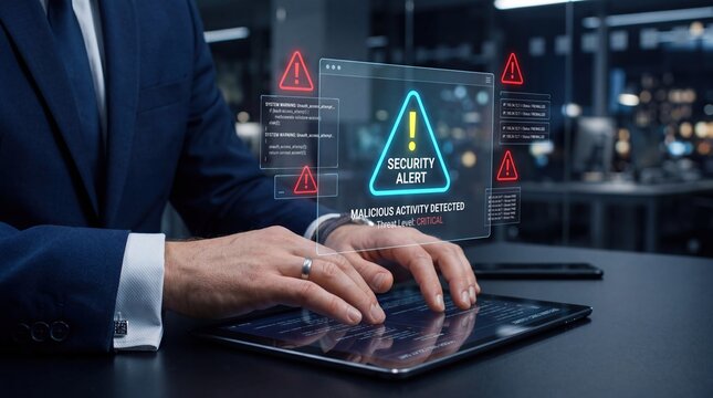 Cyber security alert on tablet screen showing malicious activity detected warning, critical threat level notification for system administrator response.
