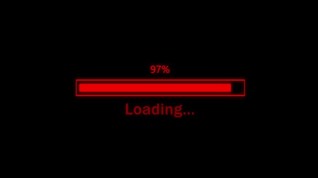 Loading bar animation with red progress. Loading bar ninety one percent display. Loading bar digital interface element on black.