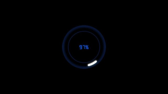 Progress ring animation with blue digital light. Progress ring ninety one percent. Progress ring technology interface graphic.