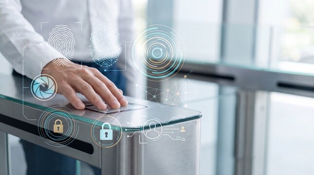 Biometric fingerprint scan access control system with futuristic interface, high tech security authentication for building entrance and identity verification