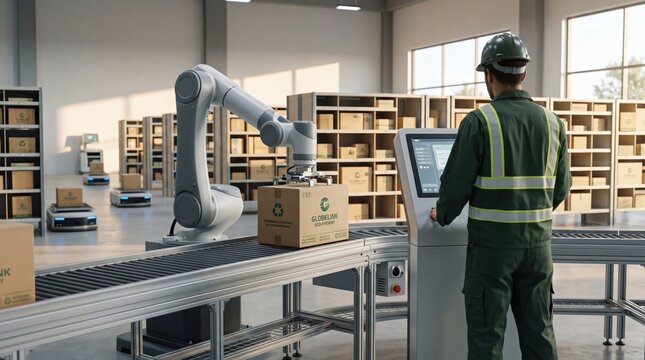 Worker operating robotic arm in automated warehouse logistics center, industrial automation technology for packaging and supply chain management