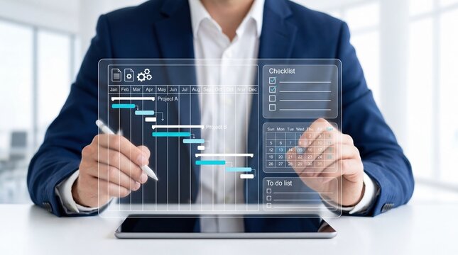 Businessman planning project schedule on digital interface, using gantt chart for timeline management and checklist for tasks in modern office environment