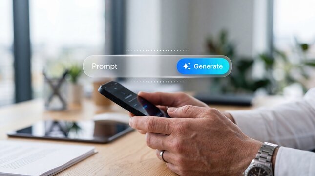 User interacting with artificial intelligence generator interface on smartphone, typing prompt text to create content with modern futuristic button design for generative AI