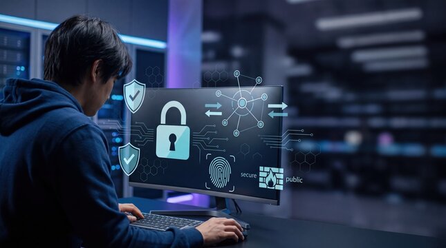 Cybersecurity specialist monitoring network security on computer screen, digital data protection concept, firewall and encryption icons, hacker defense system, secure server room