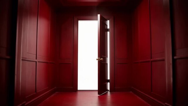 Red hallway and Door entrance to a bright light. Digital graphic of an open portal. The visual documents a red door frame and door leaf set against a matching red wall, with a solid white screen fill 