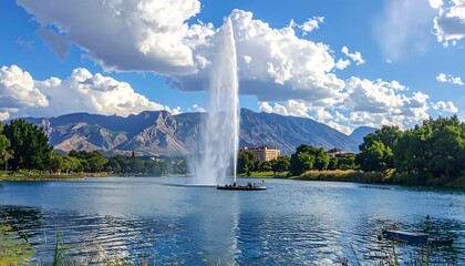Fototapeta premium A serene lake with a large fountain surrounded by lush greenery and majestic mountains