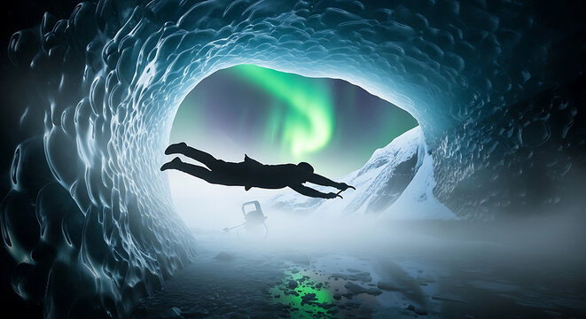 Silhouette of a scuba diver swimming inside a deep dark underwater ocean cave