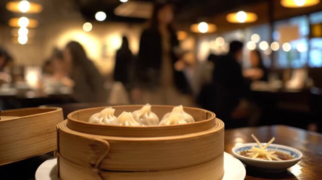 busy restaurant scene with steamed dumplings and lively diners under warm ambient lighting capturing a vibrant dining atmosphere