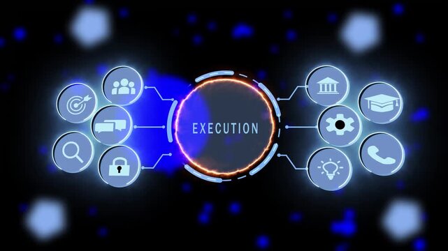 Digital business execution strategy infographic with animated hud interface glowing circular ui, corporate planning and futuristic data visualization motion