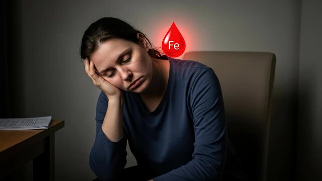 Exhausted woman sitting, head resting on hand, experiencing symptoms of severe iron deficiency. Glowing red blood symbol with Fe represents low hemoglobin and chronic fatigue.